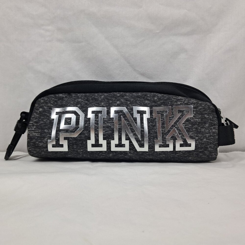 PINK Victoria's Secret Gray/Silver Cosmetic Pencil Travel Zipper Clip-on Pouch